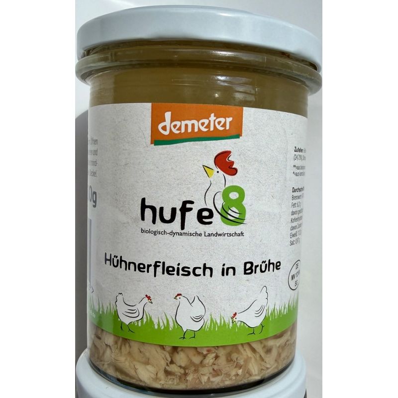 hufe8 Bio Demeter Hühnerfleisch in Brühe, Glas, 380ml - Produktbild