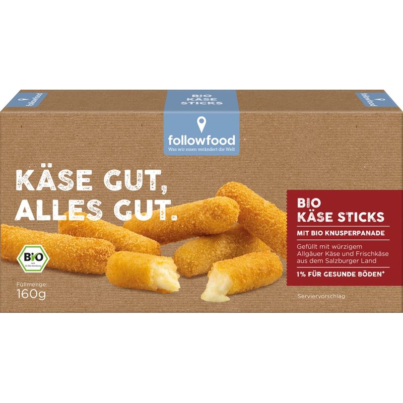 followfood Bio Käse Sticks, paniert, vorgebacken, tiefgefroren. - Produktbild