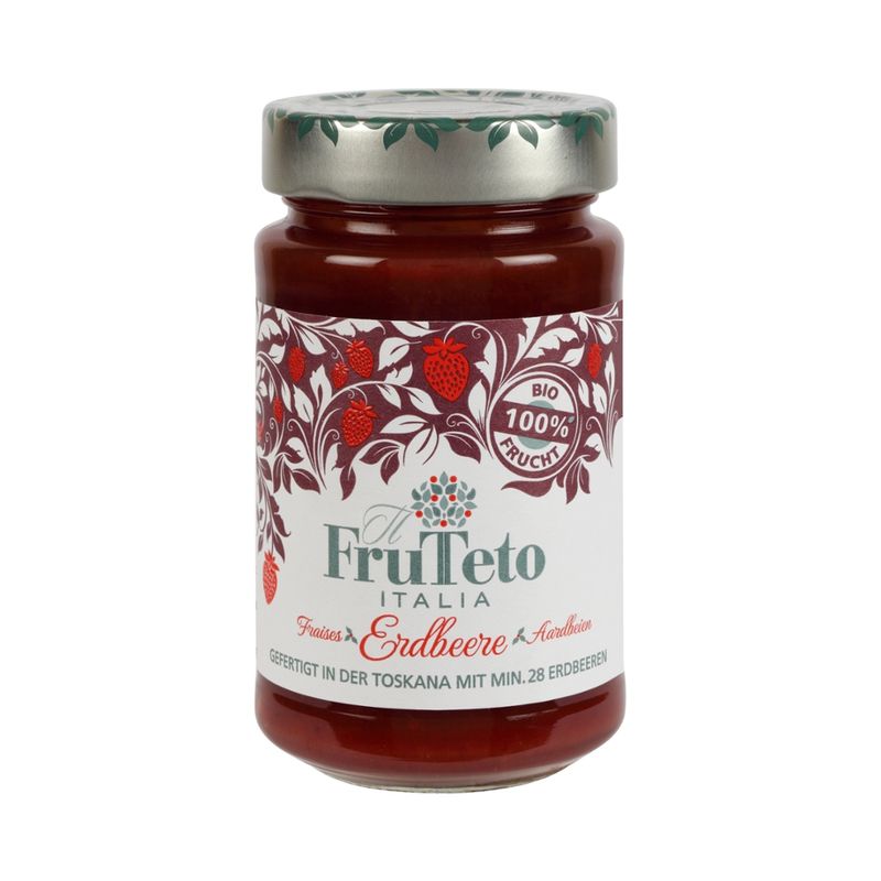 FruTeto Italia Frutteto Italia 100 % Erdbeere Bio-Fruchtaufstriche 250 g. Fruchtanteil 100 %. Zubereitet nur mit Früchten, ohne Süßstoffe, ohne Rohrzucker, ohne Konservierungsstoffe. Schmeckt nach Frucht pur frisch gepflückt. - Produktbild