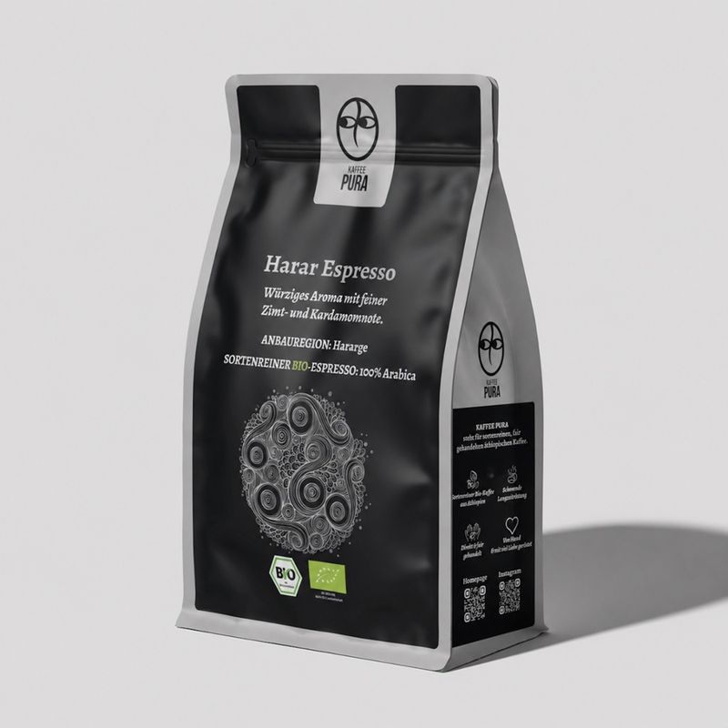KAFFEE PURA Harar Longberry Espresso, BIO & fair gehandelt, ganze Bohne, 100% Arabica, Äthiopien - Produktbild