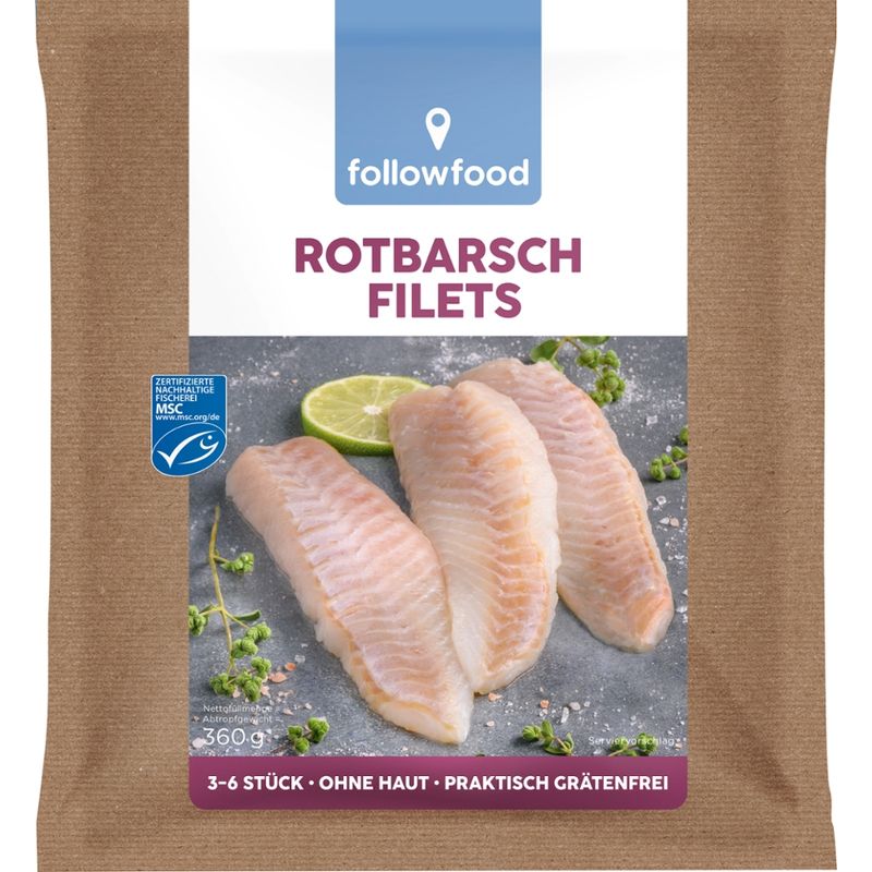 followfood Rotbarsch Filets, Filetportionen, ohne Haut, praktisch grätenfrei, tiefgekühlt, mit Wasserschutzglasur - Produktbild