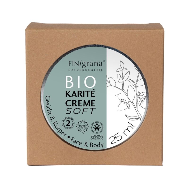 FINigrana® Naturkosmetik FINigrana® BIO KARITÉ-CREME SOFT (Gesichtspflege/Face Cream/Créme pour le Visage) für alle Hauttypen empfehlenswert, dermatologisch von DERMATEST  Münster 01-2026 getestet & mit „SEHR GUT“ bewertet,  in 25ml Weißblechdose & Umkarton. - Produktbild