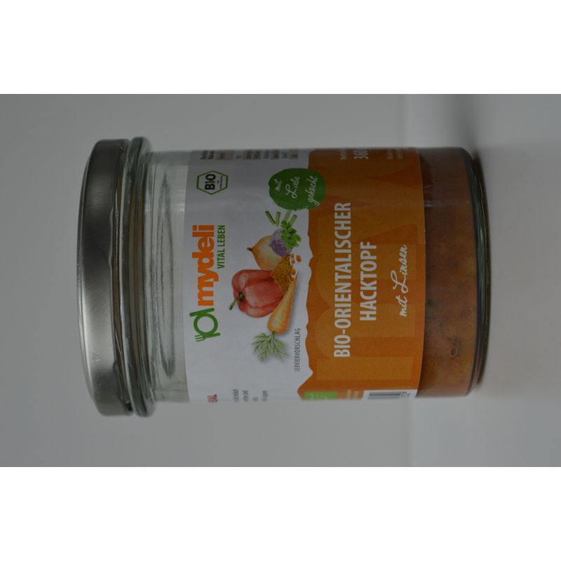 mydeli Würziger Bio-Hacktopf mit Rinderhackfleisch, Linsen und Gemüse, abgeschmeckt mit orientalisch inspirierten Gewürzen. Die Sauce ist aromatisch und leicht gebunden, sodass Fleisch, Hülsenfrüchte und Gemüseeinlagen gut zur Geltung kommen. - Produktbild