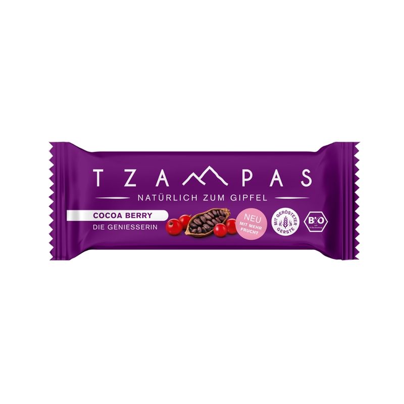 TZAMPAS TZAMPAS Energieriegel Cocoa Berry - Die Genießerin. Natürlich zum Gipfel. Mit gerösteter Gerste, Kakao und Johannisbeere. - Produktbild