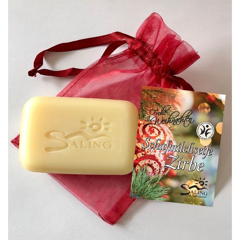 Saling Schafmilchseife Zirbe im Organza mit Anhänger "Frohe Weihnachten" BDIH zertifiziert - Produktbild