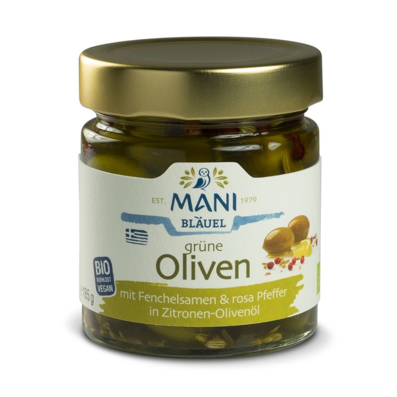 MANI® MANI Grüne Oliven mit Fenchelsamen und rosa Pfeffer in Zitronen-Olivenöl, bio - Produktbild