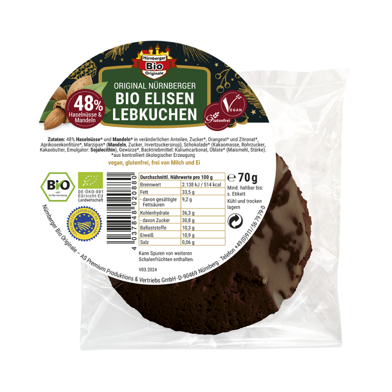 Nürnberger Bio Originale Original organic Nuremberg Elisen Lebkuchen, chocolate coated, gluten-free and vegan - Produktbild
