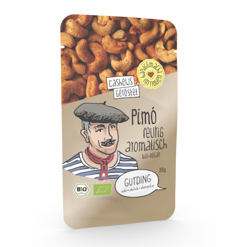 GUTDING Pimo - geröstete Bio-Cashews feurig-pikant im PP-Tütchen, ohne Zuckerzusatz, glutenfrei & vegan - Produktbild