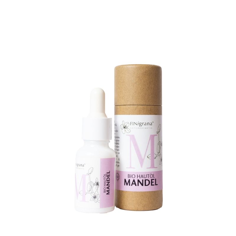 FINigrana® Naturkosmetik FINigrana® Bio Mandel-Haut-Öl, kaltgepresst, schonend desodoriert, abgefüllt in 15ml in Opalglasfläschchen mit gläserner Tropfpipette zur leichten Dosierung, in Licht- & Transport Schutz Kartonröhre - Produktbild