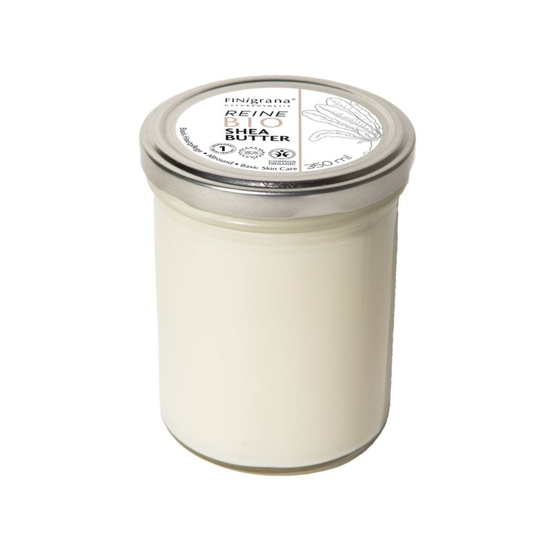 FINigrana® Naturkosmetik FINigrana® 100% reine Bio Shea-Butter (Körper Butter/Body Butter/Beurre Corporel), abgefüllt in 350ml Schraubdeckelglas; zur Hautpflege aller Hauttypen empfehlenswert, von DERMATEST Münster 01-2026 dermatologisch getestet & mit „SEHR GUT“  bewertet. - Produktbild