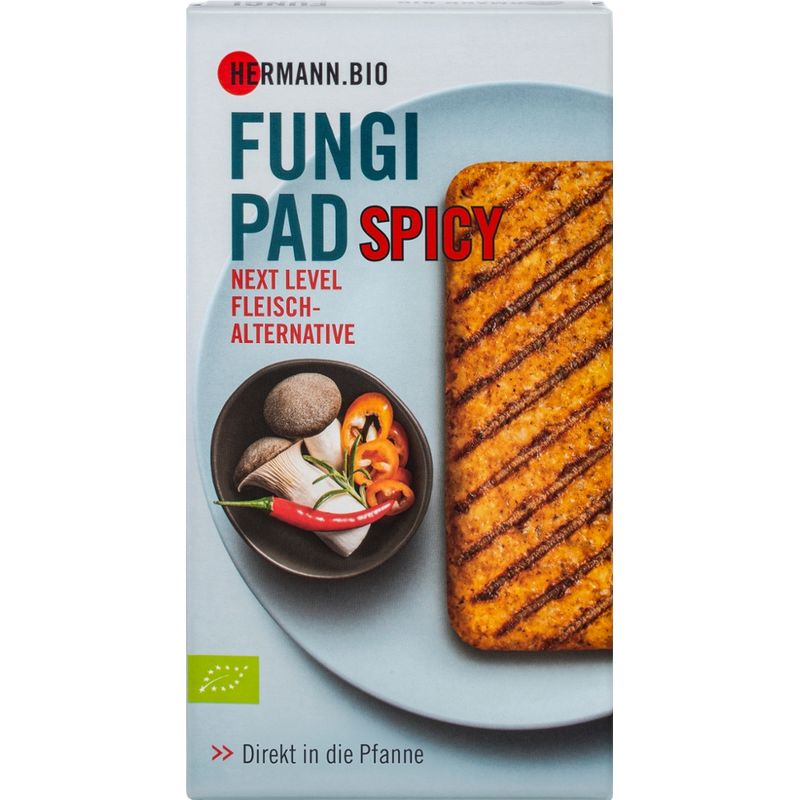 HERMANN HERMANN.BIO FUNGI PAD, Typ SPICY, Vegetarisches Bio-Pilzerzeugnis, gesalzen, gewürzt, vorgegart, aufgetaut - Produktbild