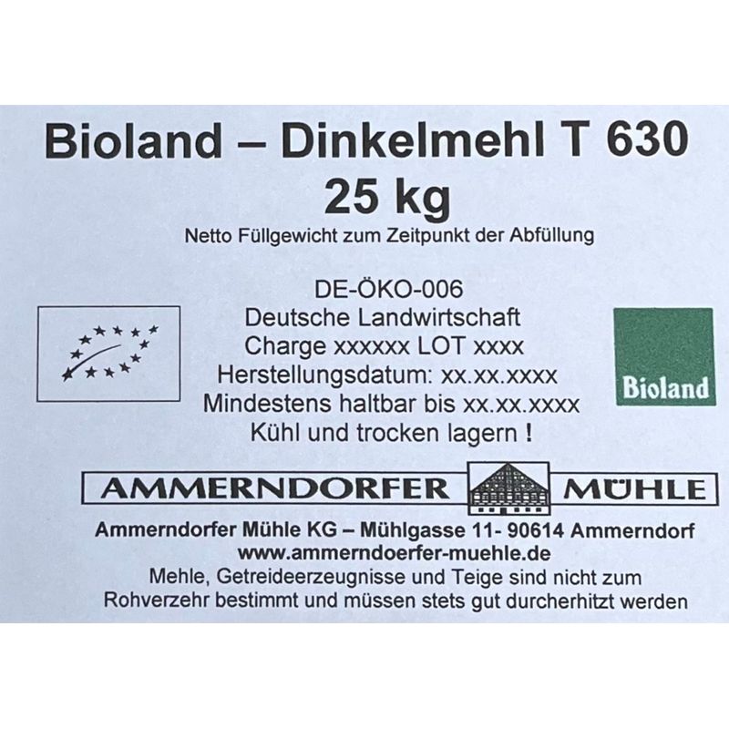 Ammerndorfer Mühle Bioland Dinkelmehl T 630 25 kg - Produktbild