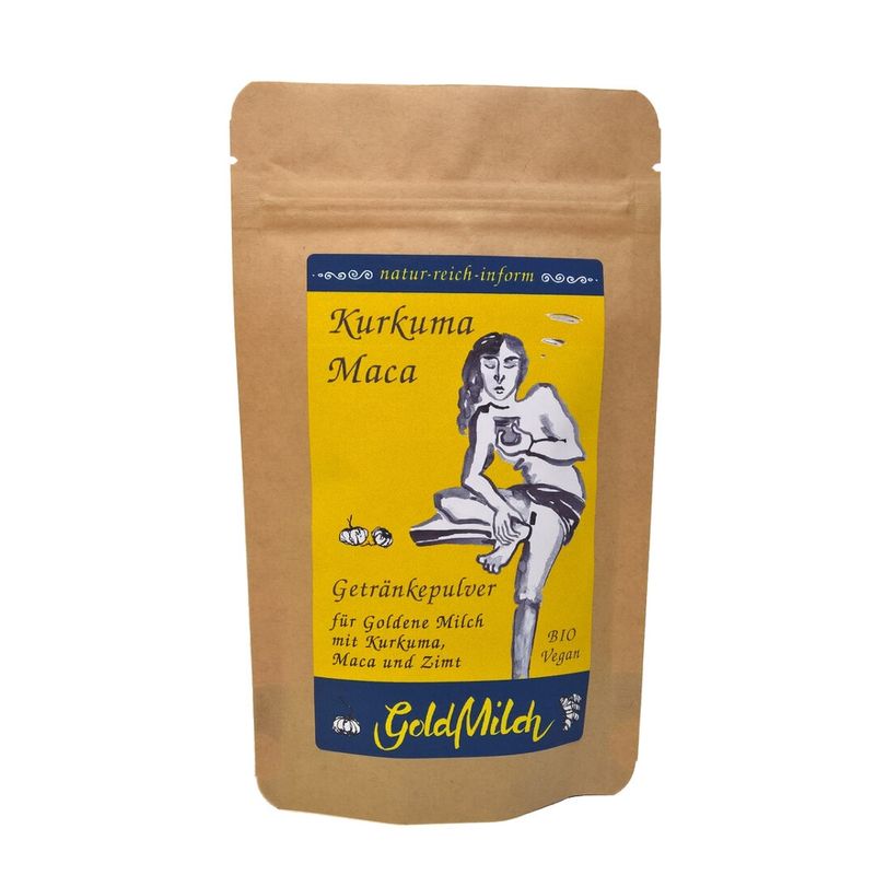 natur-reich-inform GoldMilch - Kurkuma Maca. Ein gewürztes Getränkepulver auf Basis von aromatischerm Kokosblütenzucker mit 16% Kurkuma und 16% Maca für Goldene Milch frei nach der indischen Ayurvedalehre. Geeignet zum Einrühren in Milch oder vegan in Pflanzendrinks. - Produktbild
