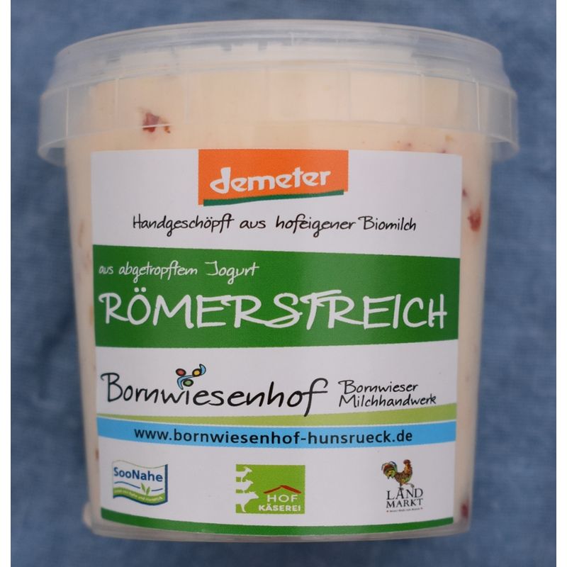 Bornwieser Milchhandwerk Römerstreich, Frischkäse hergestellt aus hofeigenem, handverschöpften Jogurt mit Salz und würzigen Kräutern - Produktbild