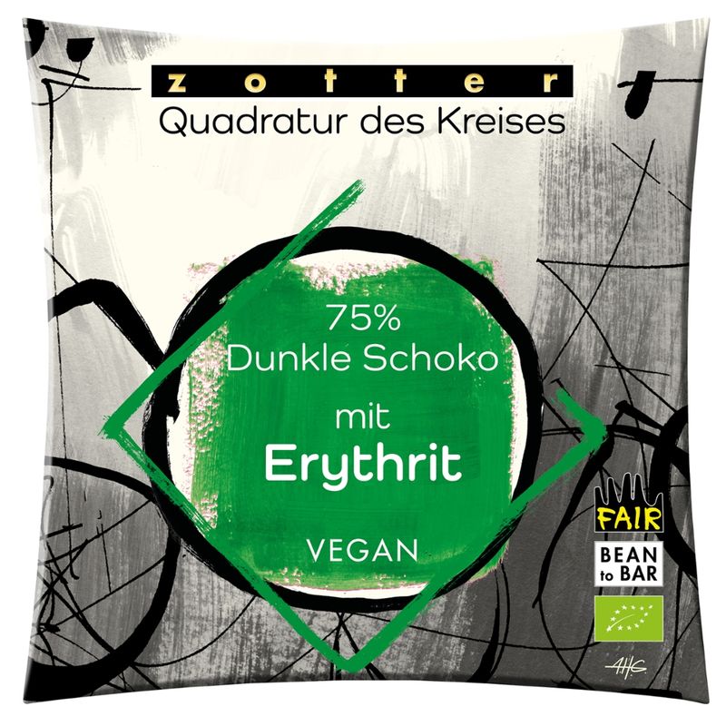 Zotter Schokolade Quadratur des Kreises - 75% Dunkle Schoko mit Biosüße Erythrit VEGAN - Produktbild