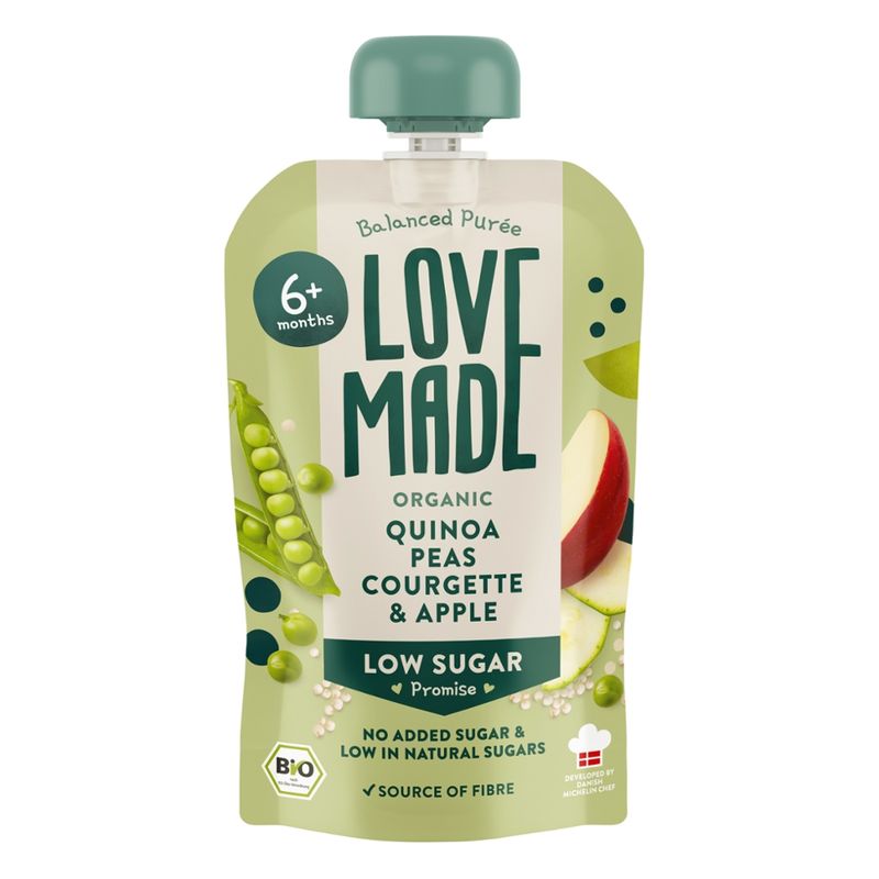 LoveMade Organics Bio Zwischenmahlzeit mit Erbsen, Zucchini, Apfel und Quinoa 6+ Monaten - Produktbild