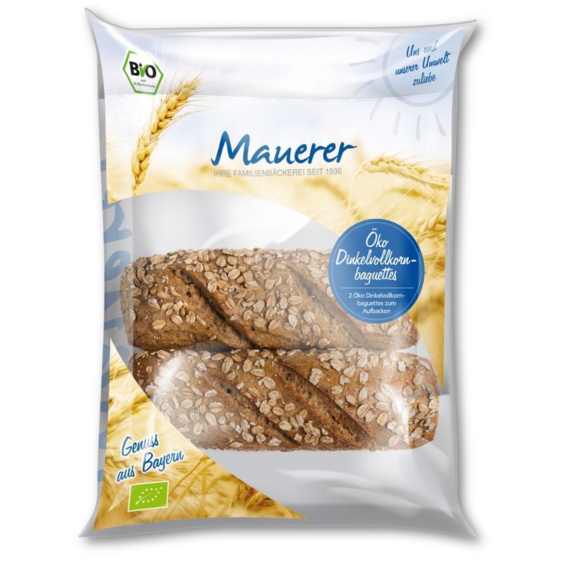 Öko Bäckerei Konditorei Mauerer  250g Öko TK Dinkelvollkornbaguette LEH 20x2 Stück - Produktbild