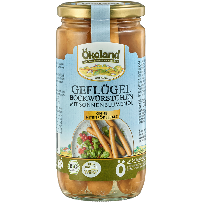 ÖKOLAND Geflügel-Bockwürstchen mit Sonnenblumenöl in zarter Eigenhaut - Produktbild