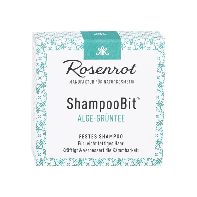 Rosenrot Naturkosmetik festes ShampooBit® Algen-Grüntee - 55g - in Schachtel - Die Kombination von den Algen (kbA), Grünem Tee (kbA) und ätherischem Rosmarienöl (kbA) ist die optimale Nährstoffversorgung der Haarwurzeln und spendet der Kopfhaut Feuchtigkeit. - Produktbild