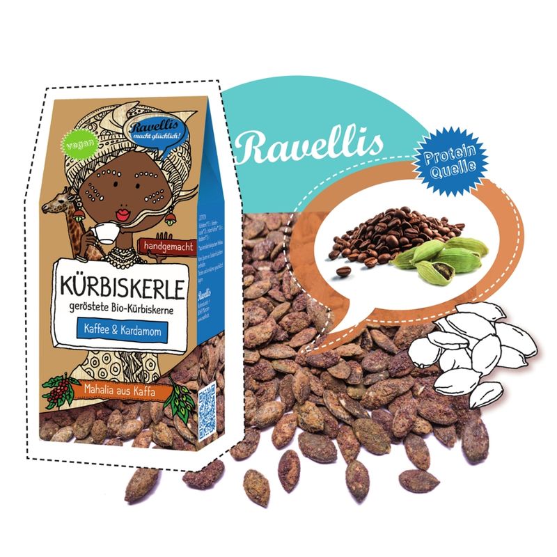 Ravellis "MAHALIA AUS KAFFA" Geröstete Bio-Kürbiskerne veredelt mit Kaffee & Kardamom - Produktbild