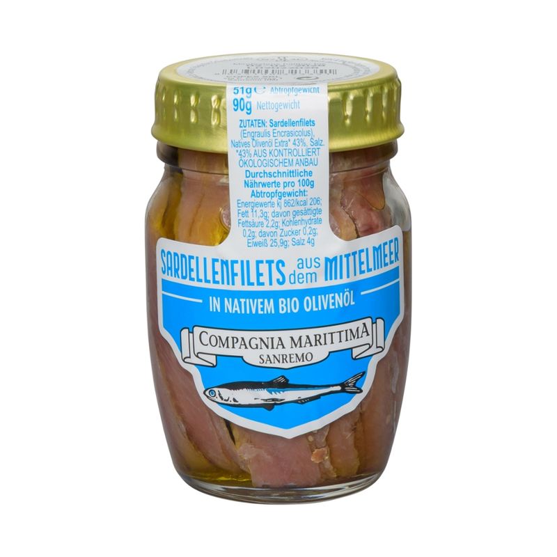 Compagnia Marittima Sanremo  Handgelegte Sardellenfilets aus dem Mittelmeer in nativem Bio Olivenöl - Produktbild