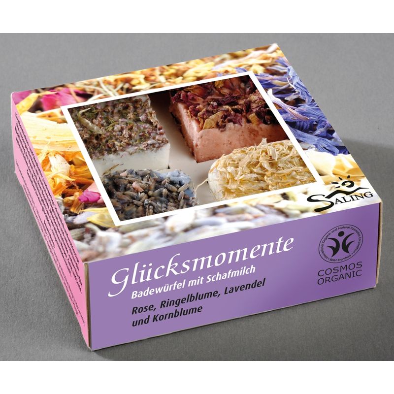 Saling Geschenkverpackung Glücksmomente, 4 verschiedene Badewürfel (Rose, Kornblume, Ringelblume und Lavendel) mit Schafmilch, cosmos organic zertifiziert - Produktbild