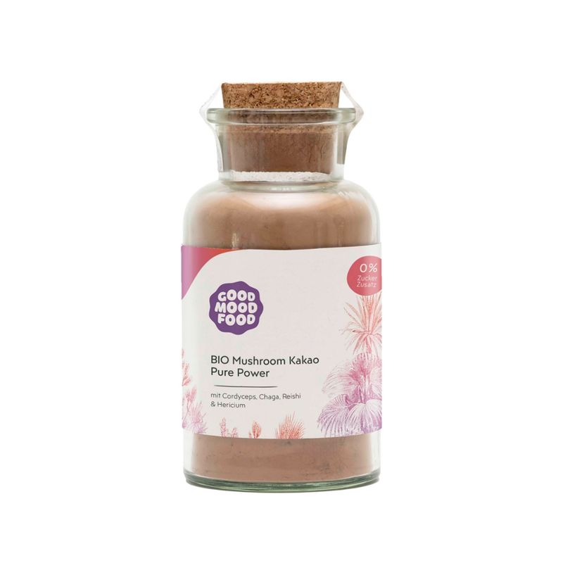 goodmoodfood Muschroom Kakao Pure Power - zuckerfrei, mit Extrakten aus Cordyceps, Chaga, Reishi und Hericium, 120g Glas - Produktbild