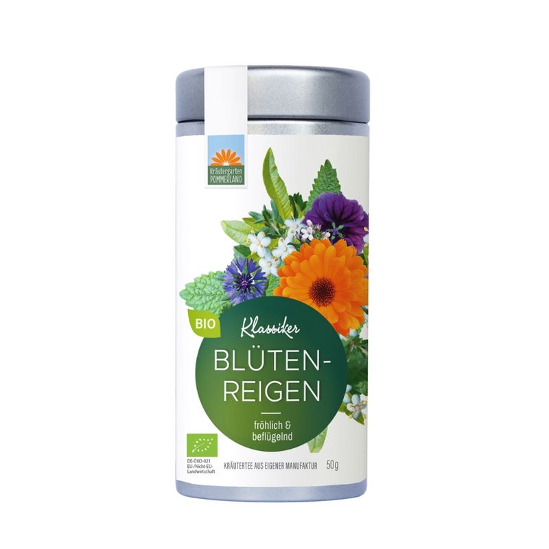 Kräutergarten Pommerland Blütenreigen,  bunter Bio-Frühstückstee in der Vorratsdose - Produktbild