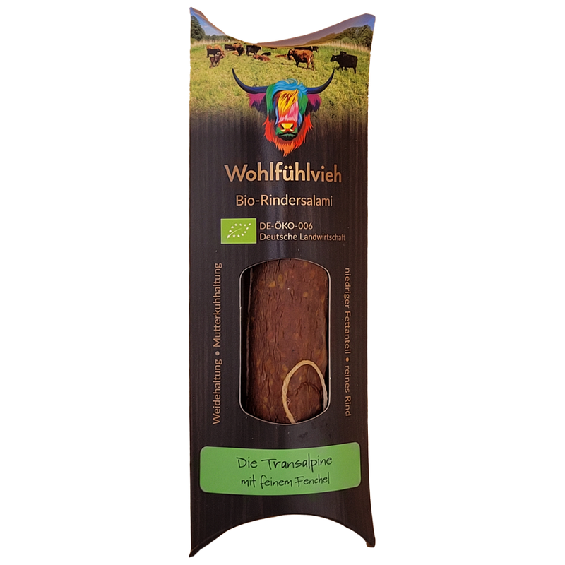 Wohlfühlvieh Premium BioRindersalami, Die Transalpine, ohne NPS, in Kartonverpackung - Produktbild