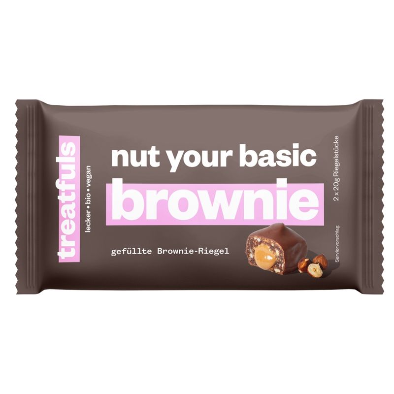 treatfuls BIO-RIEGEL MIT HASELNUSS FÜLLUNG UND DUNKLER SCHOKOLADENKUVERTURE (KAKAO: 60% MINDESTENS IN DER SCHOKOLADENKUVERTURE). (2X20G) - Produktbild