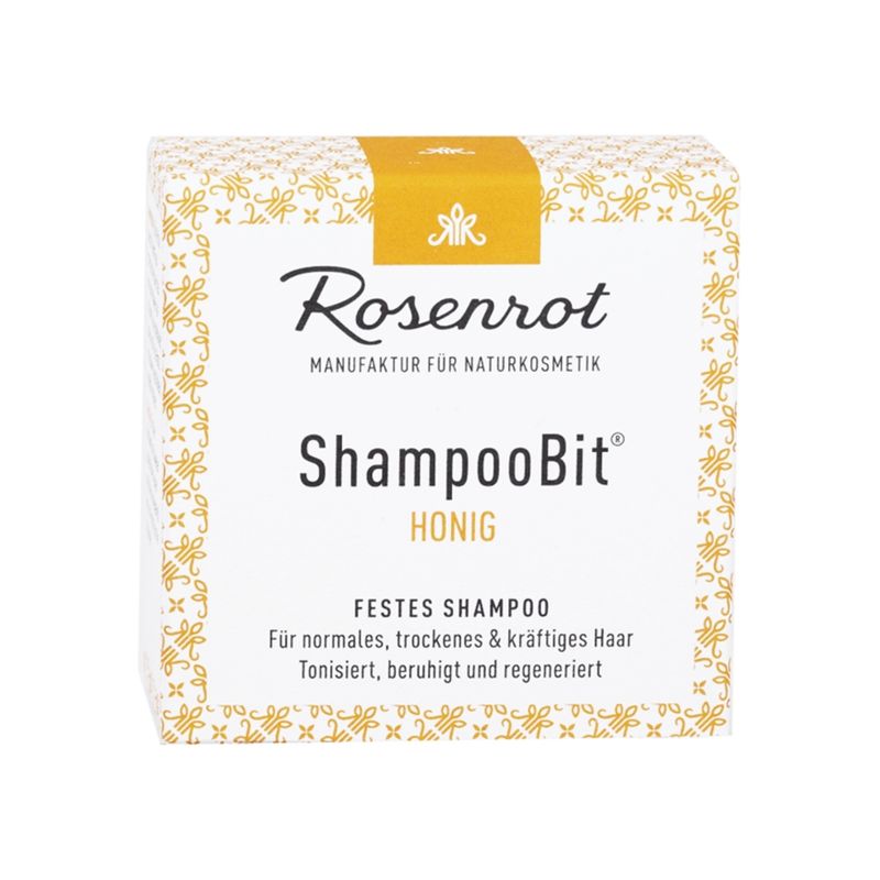 Rosenrot Naturkosmetik festes ShampooBit® Honig - 55g - in Schachtel - Hilft dem besonders trockenem eher kräftigem Haar sich zu regenerieren. Duftet zart nach Honig und sorgt für geschmeidige und glänzende Haare. - Produktbild