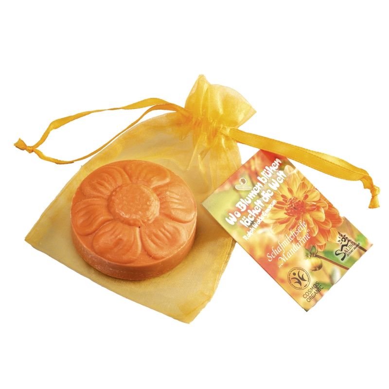 Saling Schafmilchseife Blume Mandarine im Organzasäckchen, 75gr, cosmos organic zertifiziert - Produktbild