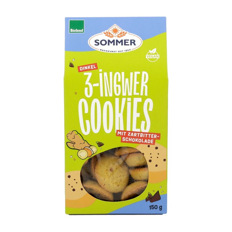 SOMMER BACKKUNST SEIT 1864 BIOLAND Dinkel 3-Ingwer Cookies mit Ingwer, Kurkuma, Galgant & Zartbitter-Schoko - Produktbild