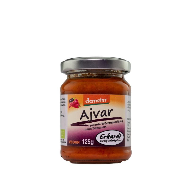 Erhardt würzig • scharf • pikant Demeter Ajvar - pikante Würze nach Balkanart. Die Optimal zum Würzen und Verfeinern der mediterranen Küche. - Produktbild