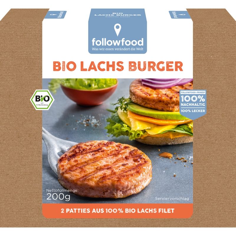 followfood Bio Lachs Burger, 2 Patties aus 100% Bio Lachs Filet, Salmo salar, tiefgekühlt. - Produktbild