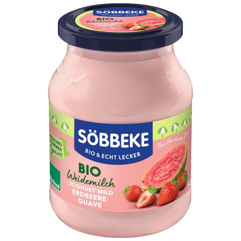 Söbbeke Bio Weidemilch Joghurt mild Erdbeere Guave, 3,8 % Fett 500 g Glas - Produktbild
