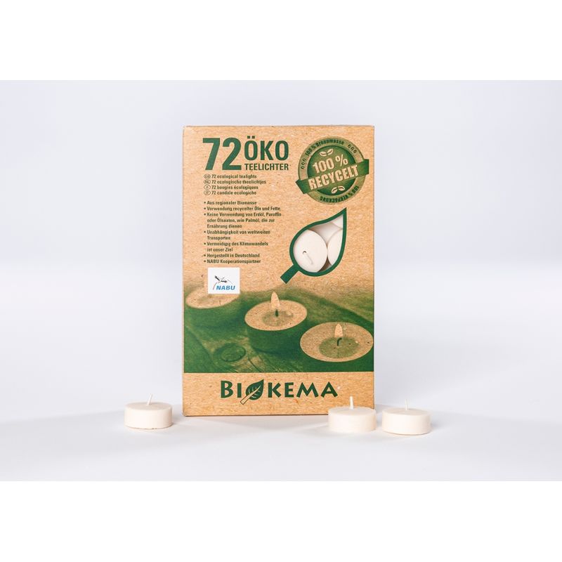 Compostella Biokema Teelichter ohne Hülle, hergestellt aus gereinigten Ölen und Fetten deutscher Gastronomiebetriebe, 72-er Packung - Produktbild