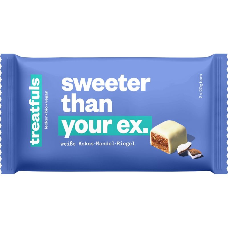 treatfuls treatfuls Bio Kokos-Mandel-Riegel mit weißem Schokoladenüberzug - sweeter than your ex - Produktbild