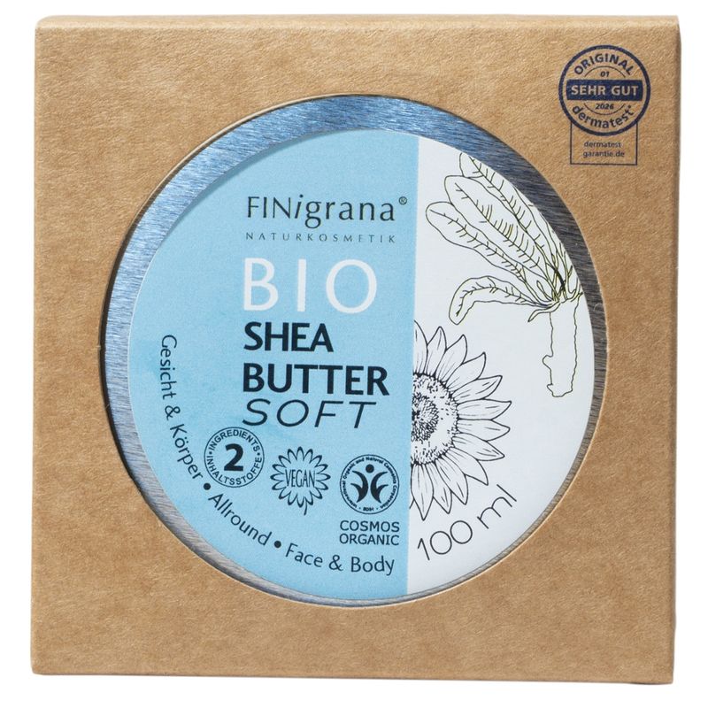 FINigrana® Naturkosmetik FINigrana® Bio Shea-Butter SOFT (Gesicht & Körper/ Face & Body) in Weißblechdose, 100ml mit Umkarton COSMOS ORGANIC - Produktbild