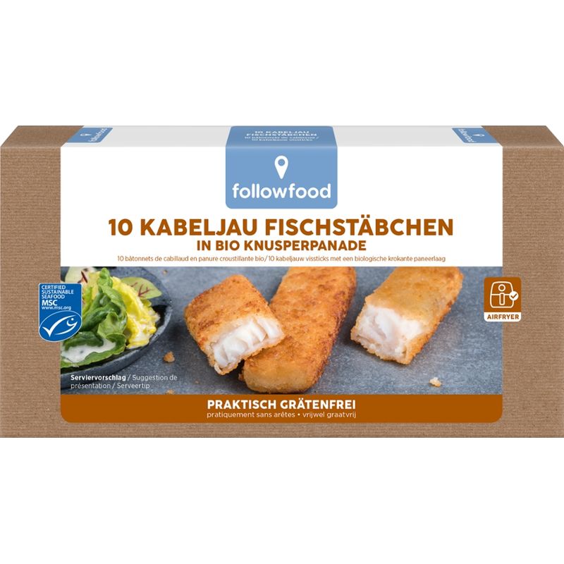 followfood 10 Kabeljau Fischstäbchen in Bio-Panade, praktisch grätenfrei, aus Blöcken geschnitten, vorgebraten, tiefgekühlt. - Produktbild