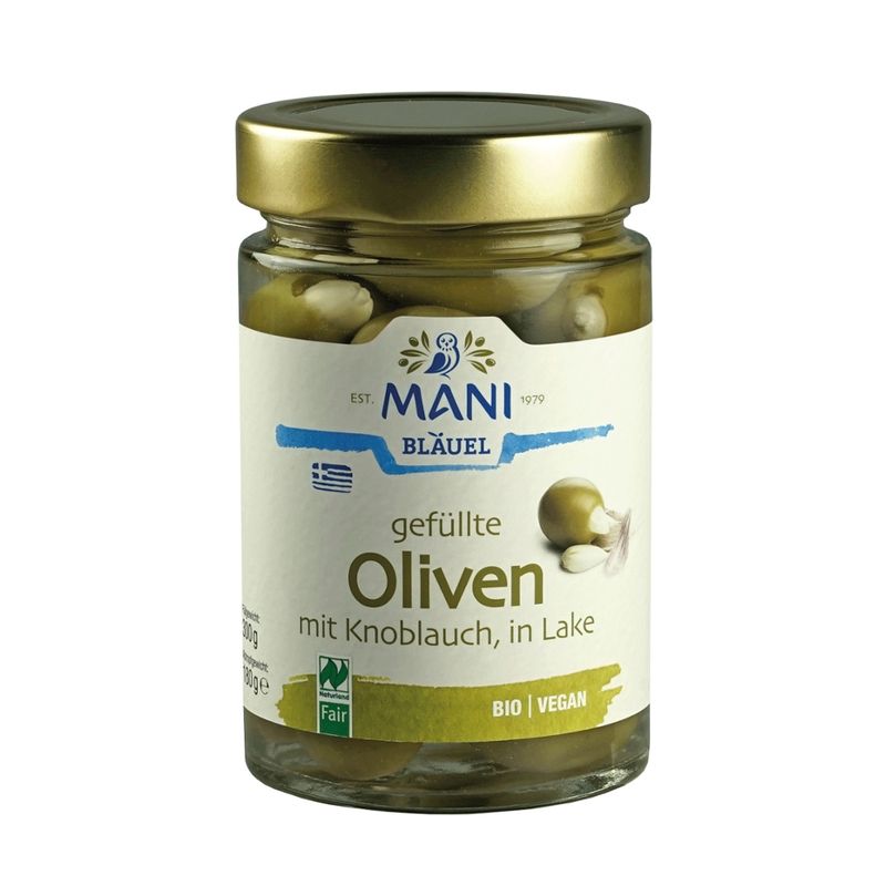 MANI® MANI Oliven gefüllt mit Knoblauch, bio, NL Fair - Produktbild