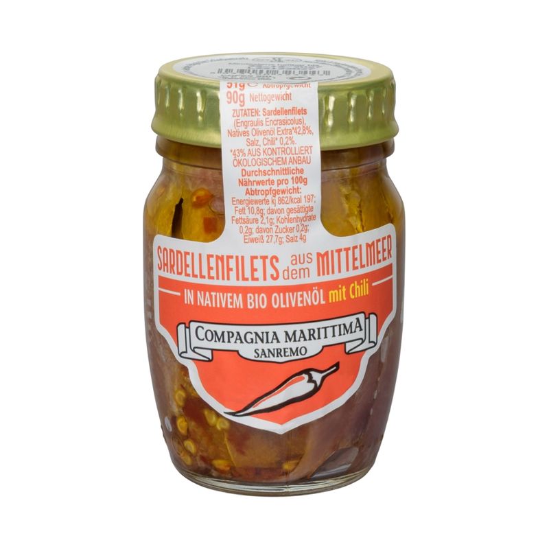 Compagnia Marittima Sanremo  Handgelegte Sardellenfilets aus dem Mittelmeer mit Chili in nativem Bio Olivenöl - Produktbild