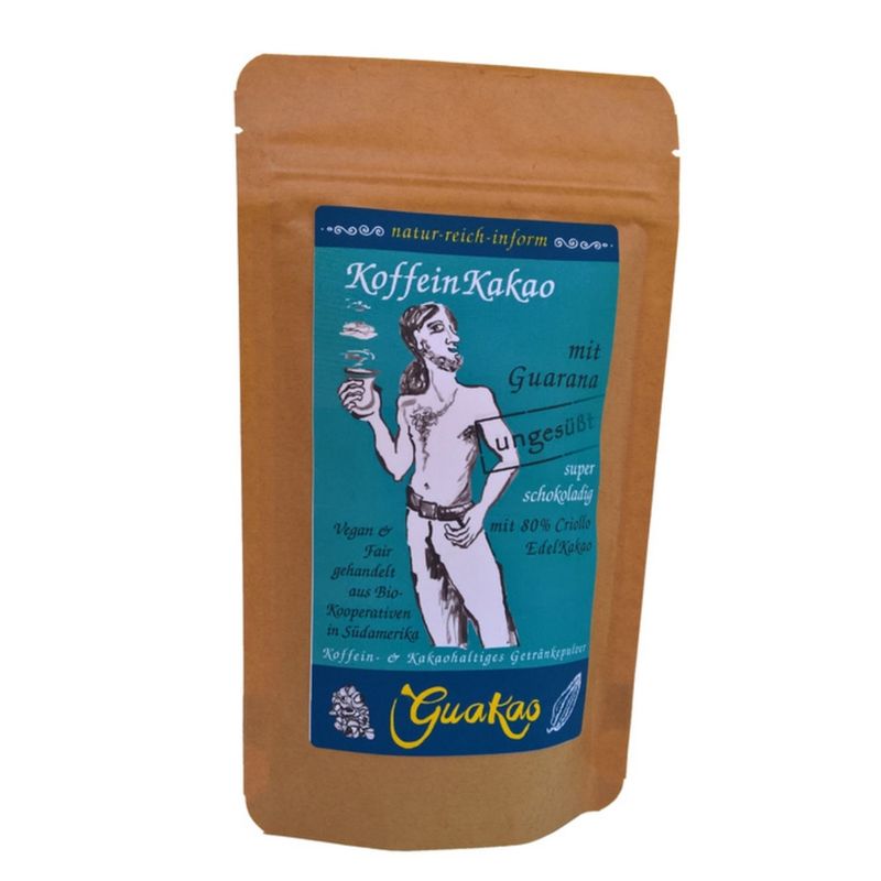 GuaKao GuaKao ungesüßt - der KoffeinKakao mit koffeingebendem Guarana. Der klassische KoffeinMix auf Guaranabasis, ohne Zuckerzugabe. Das schokoladige Getränkepulver mit Edelkakao. - Produktbild