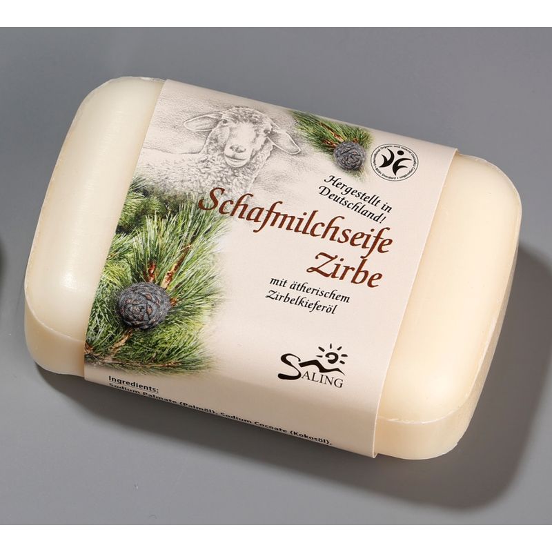 Saling Schafmilchseife Zirbe 100g  mit Banderole, BDIH zertifiziert im Verkaufsaufsteller - Produktbild
