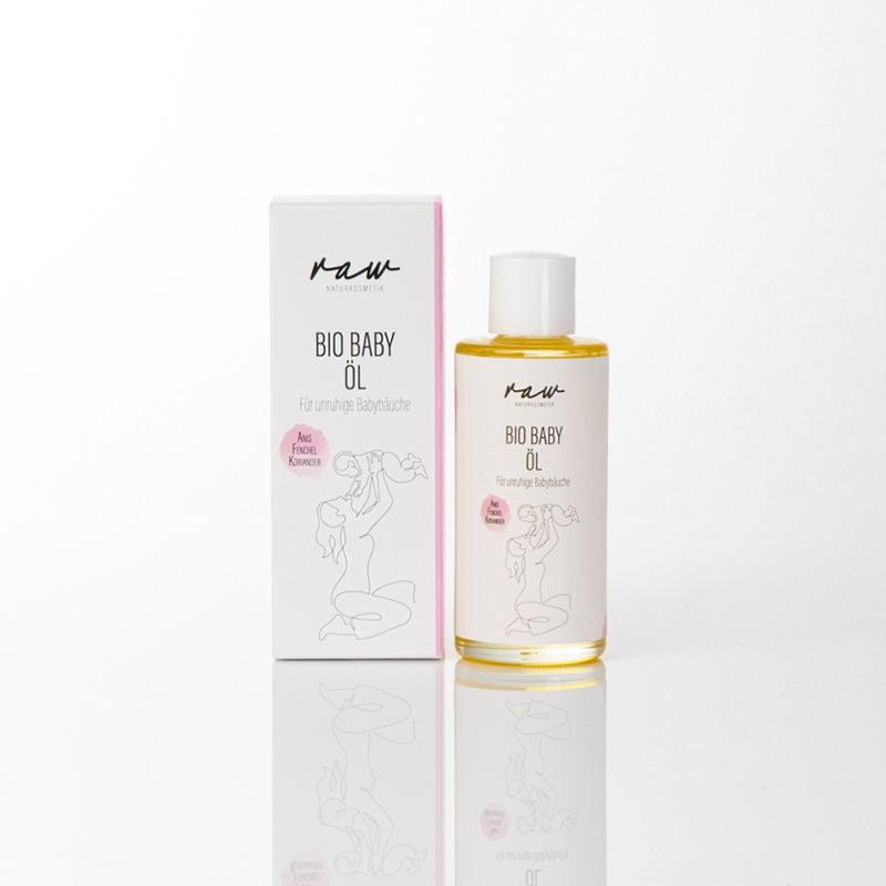 raw Naturkosmetik Bio Babyöl für unruhige Babybäuche – Mit Anis, Fenchel & Koriander  Sanfte Bauchmassage bei Blähungen  Pflegt mit Mandel- & Mohnöl  Beruhigend, natürlich & für empfindliche Babyhaut geeignet  Mit ätherischen Bio Ölen & Vitamin E - Produktbild