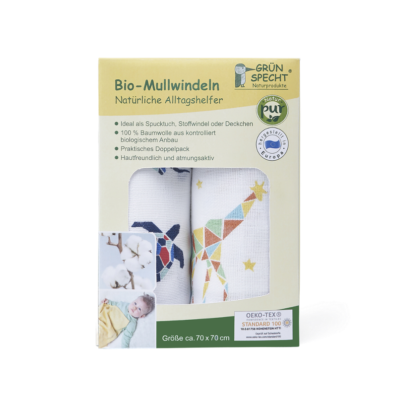 GRÜNSPECHT Naturprodukte Bio-Mullwindeln 2er Pack, 70x70 cm, 100% Baumwolle (kbA), hergestellt in Deutschland - Produktbild