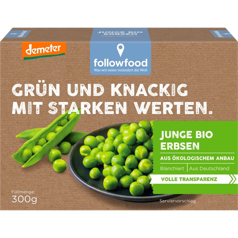 followfood Junge Bio Erbsen, blanchiert, aus ökologischem Anbau, blanchiert und tiefgekühlt. - Produktbild