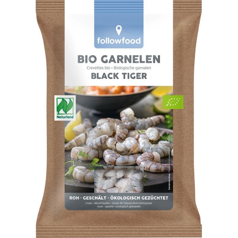 followfood Bio Black Tiger Garnelen geschält, roh, ohne Kopf, geschält, tiefgekühlt mit Wasserschutzglasur, aus biologischer Aquakultur - Produktbild
