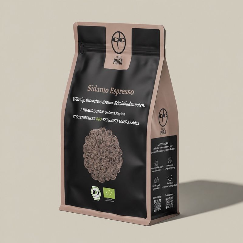 KAFFEE PURA Sidamo Espresso, BIO & fair gehandelt, ganze Bohne, 100% Arabica, Äthiopien - Produktbild