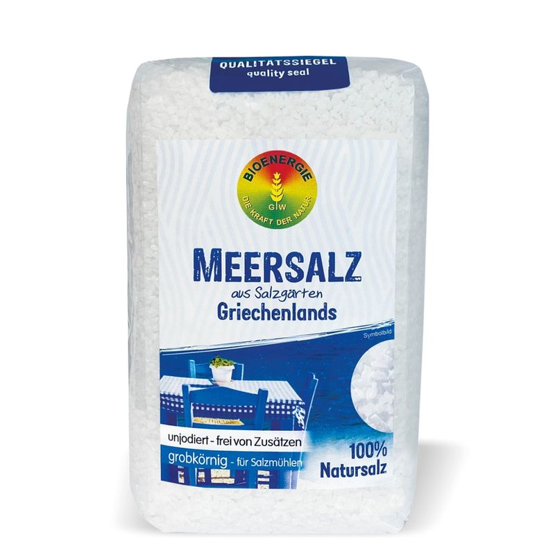 BIOENERGIE MEERSALZ Griechenland, grobkörnig - für Salzmühlen, unjodiert, unraffiniert, rieselfähig, frei von Zusätzen - Produktbild